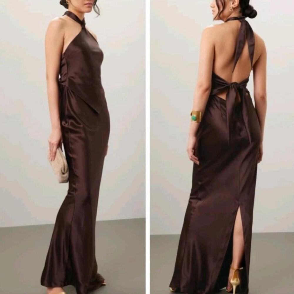 Retrofete Maxi Dress Sz XS Brown Halter Open Back Satin Ester Sexy $498 - flaw